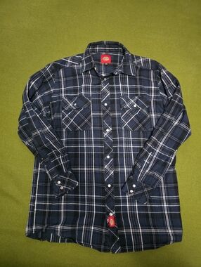 Dickies Navy and White Plaid Long-Sleeve Snap. Button Down Shirt